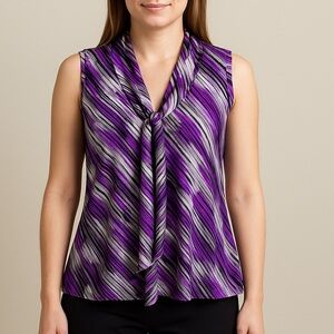 Jones Studio Purple Grey Sleeveless Tie Neck Blouse